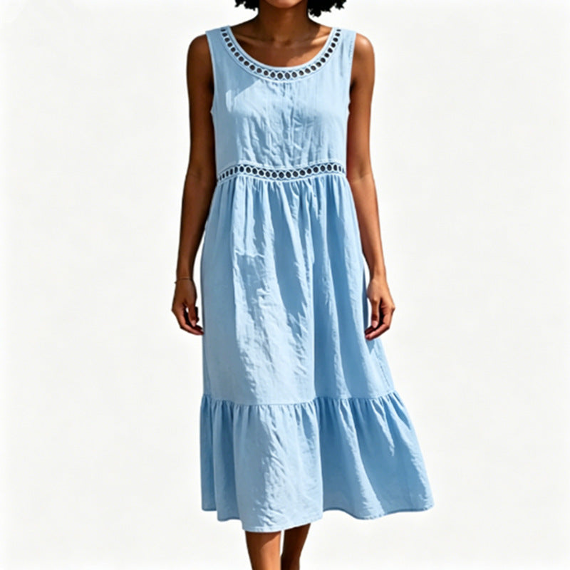 New Lace Casual Round-neck Solid-color Sleeveless Cotton-linen Dress For Women