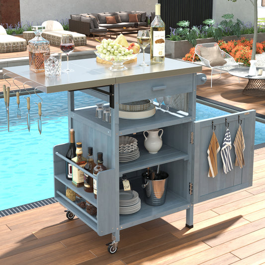 K&K 40.5  Outdoor Grill Cart With Stainless Steel Top, Solid Wood Outdoor Storage Cabinet With Drop Leaf, One Drawer, Towel Rack, Rolling Kitchen Cart With Lockable Wheels For Lawn Garden, Blue Grey
