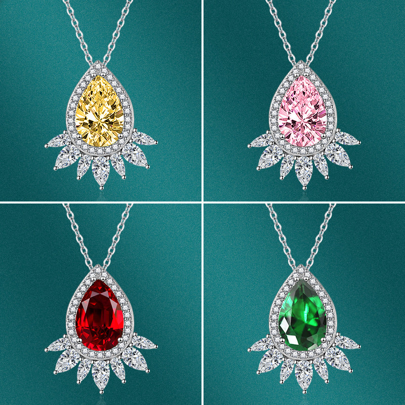 Wish Hot Sale Fashion Green Crystal Water Drop Pendant Colorful Treasure Ruby Pear-shaped Necklace TikTok Live Hot Jewelry