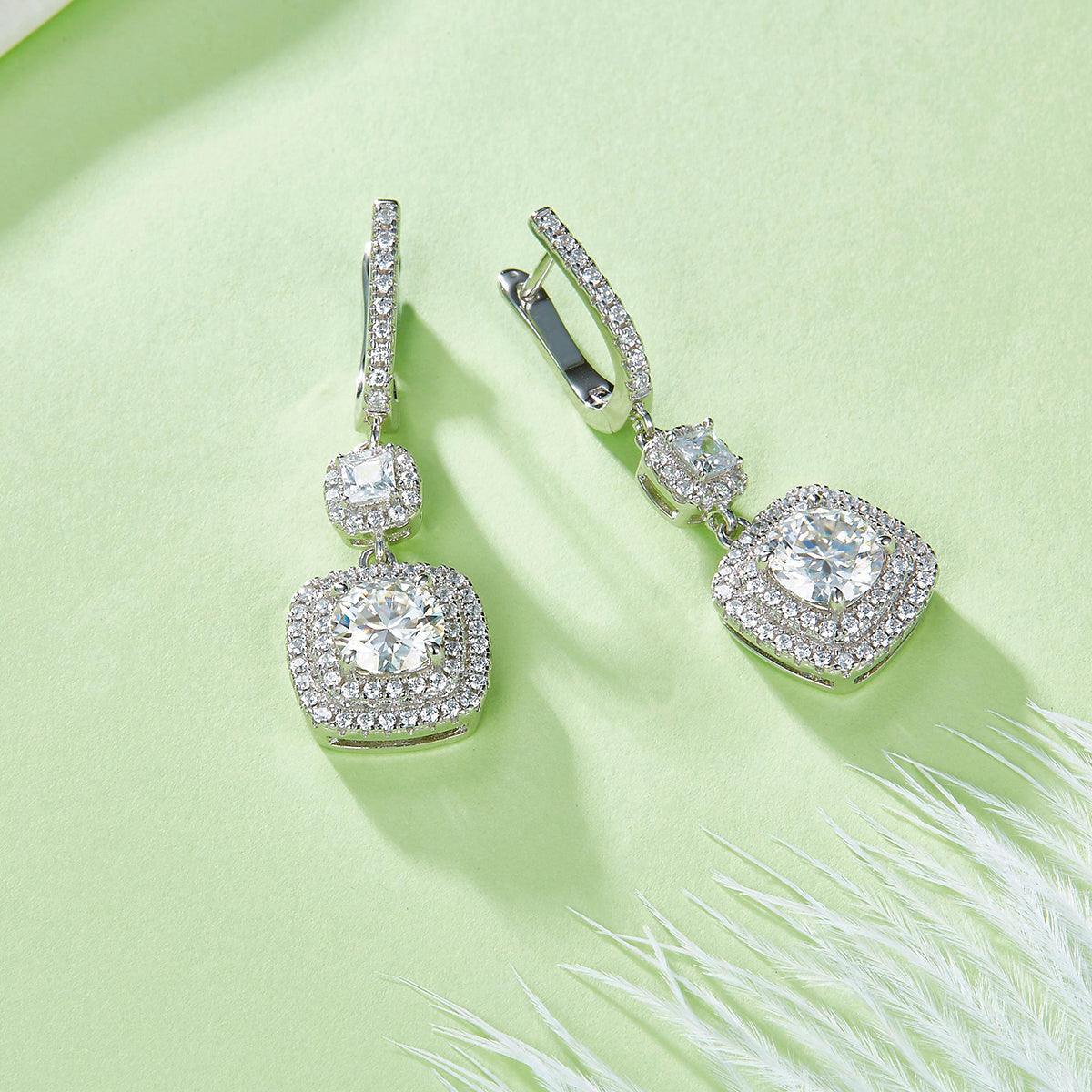 S925 Sterling Silver Cushion Double Halo Drop Earrings, 1ct D-VVS1 Moissanite, Platinum Plated 6.6g Women's Jewelry Gift Box