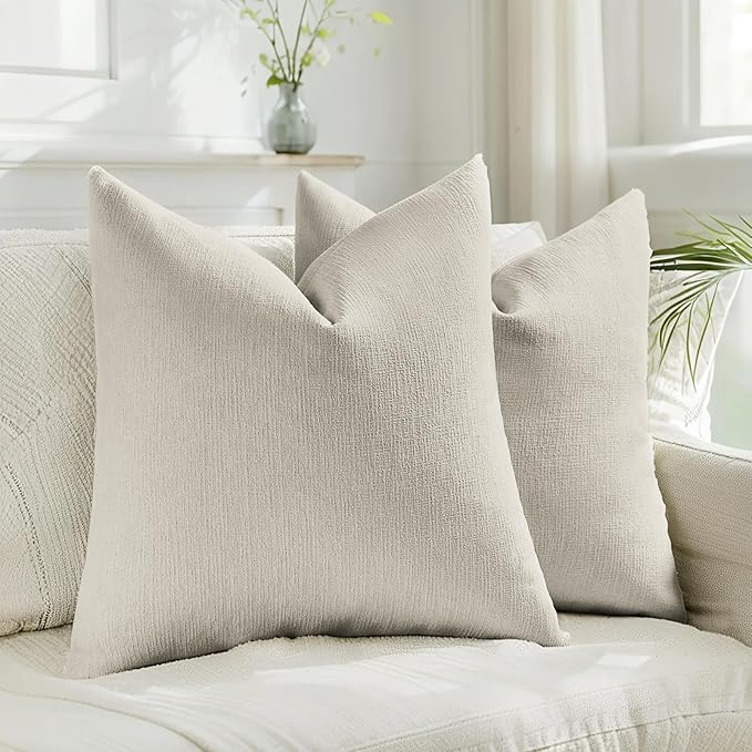 HAUSSY Natural Linen Throw Pillow Covers 18x18 Inch Set of 2,Boho Decorative Faux Linen Throw Pillows Cozy Farmhouse Accen...