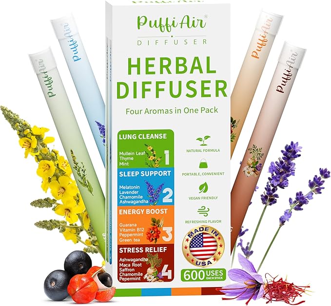 PUFFIAIR Herbal Diffuser Pen 4 Pack, Clean Botanical Aromatherapy Diffusers, Four Aroma Variety Set, Cool Mint & Herbal Sc...