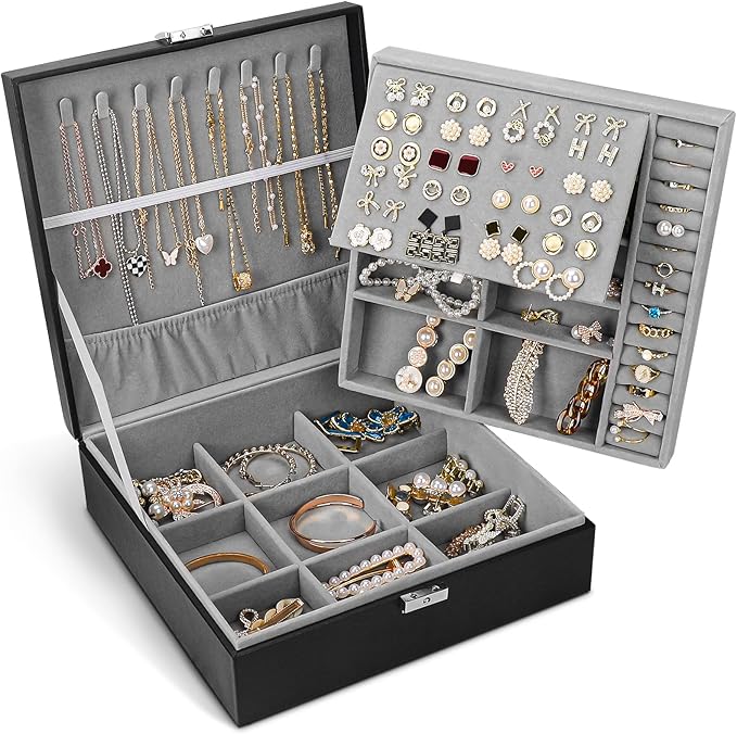 Jewelry Box, Jewelry Boxes for Women & Men with PU Leather, 2 Layer Large Jewelry Organizer Storage Case with Lock, for Ne...