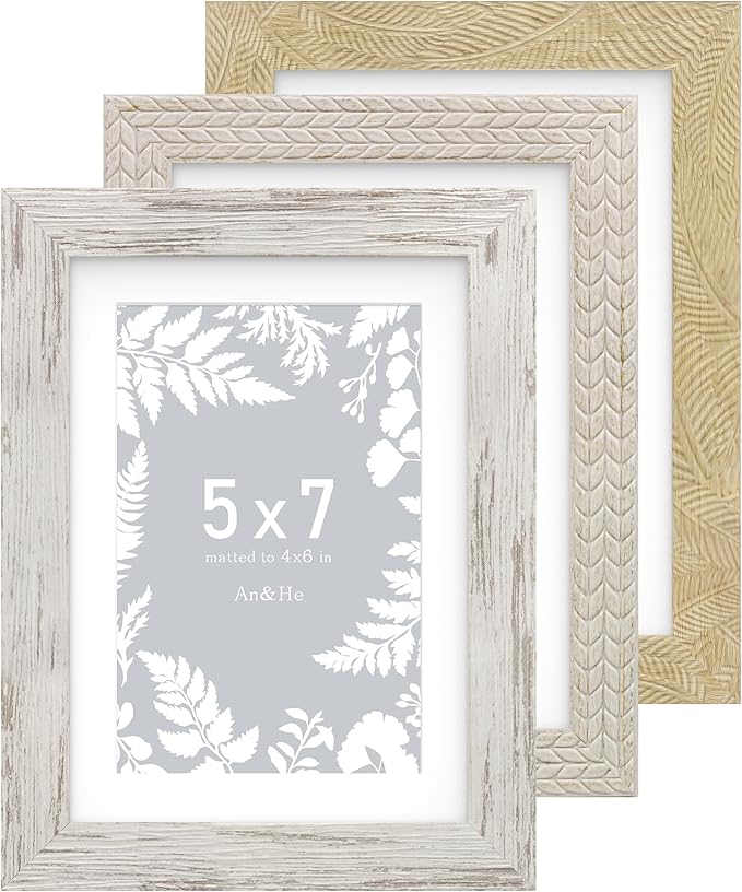 An&He 5x7 Picture Frames Set of 3, Rustic Vintage Photo Frame with HD Plastic Cover, for Wall Hanging or Tabletop Display,...