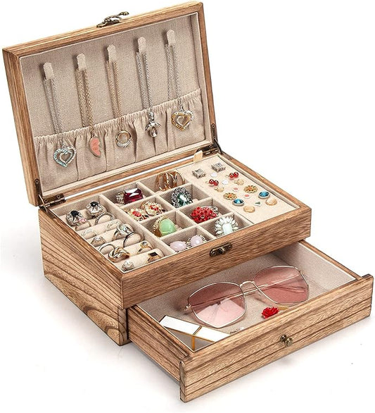 Pinzoveco Jewelry Box for Women, Rustic Wooden Jewelry Organizer Box for Storage Earrings Rings Necklace Bracelet, Farmhou...