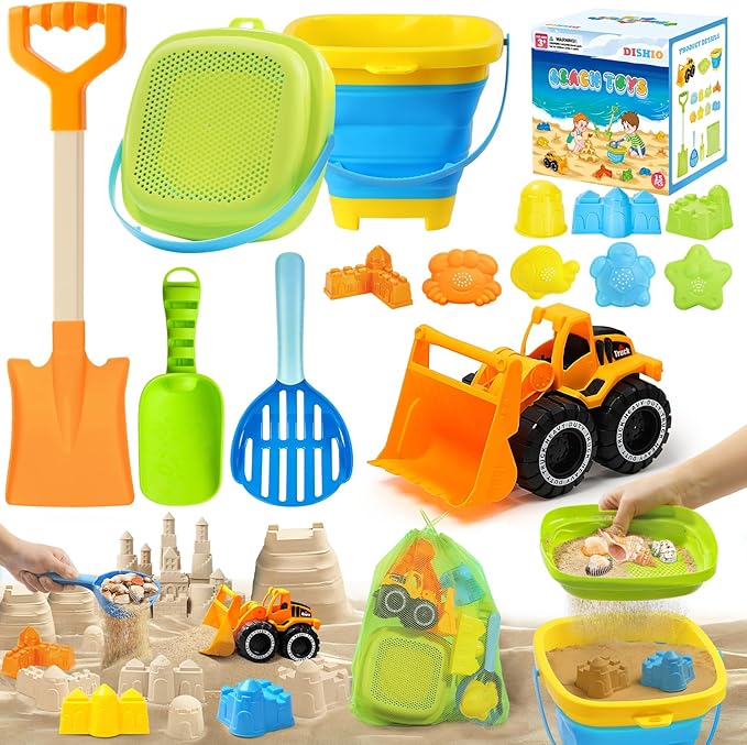 Collapsible Beach Sand Toys Set for Kids - Includes Bucket, Mesh Shovel, Filter Scooper & Castle Molds - Toddler Beach Toy...