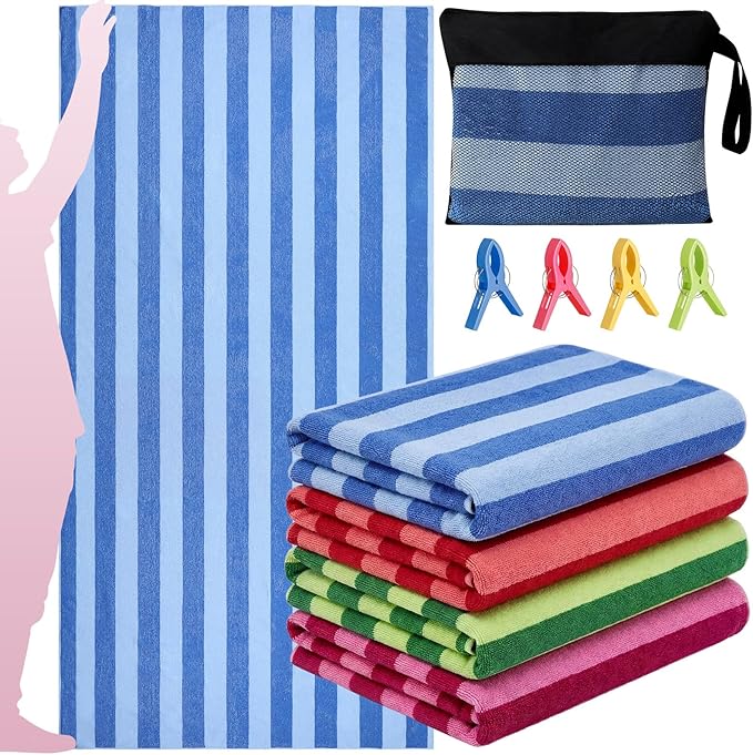 Gilprop 4 Packs Oversized Stripe Beach Towels Microfiber Pool Towel with Bags & Clips Soft Absorbent Quick Dry Camping Tow...