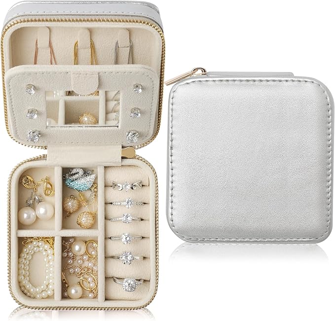 NGVRC Genuine Leather Travel Jewelry Case Organizer with Mirror for Women, Small Jewelry Box Portable Mini Jewelry Case fo...