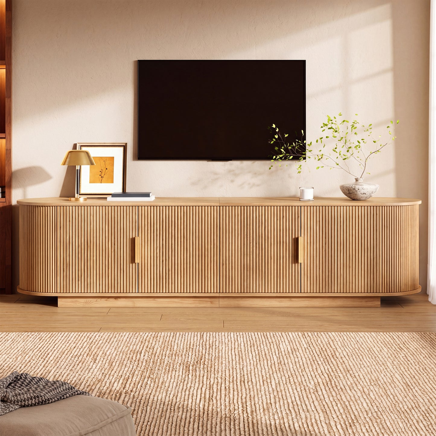 TV Cabinet, Lowboard, Wave Structure, Chipboard MDF Body, Metal Handles, 4 Doors, Spacious Storage Space