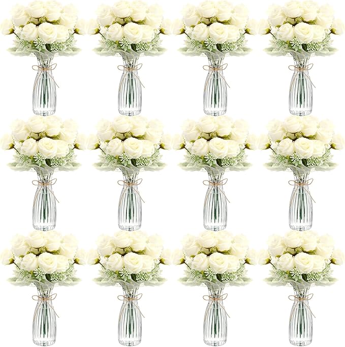 Zeyune 36 Pack Artificial Flowers Centerpiece with Vase Bulk for Wedding Table 24 Bundles Silk Floral Faux Rose Bouquet wi...