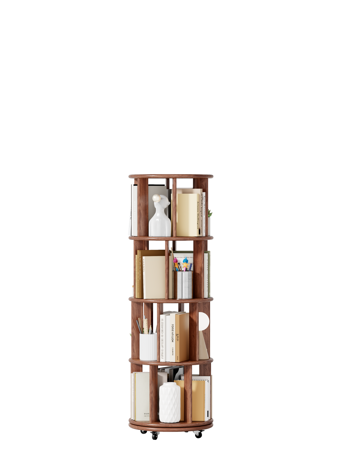 Solid Wood Rotating Bookshelf On Wheels, 4 Tier, Round Revolving Bookcase, 360 Spinning Book Shelf Tower For Kids, Narrow Rolling Bookshelves For Small Space, Corner, Bedroom, Office, Walnut