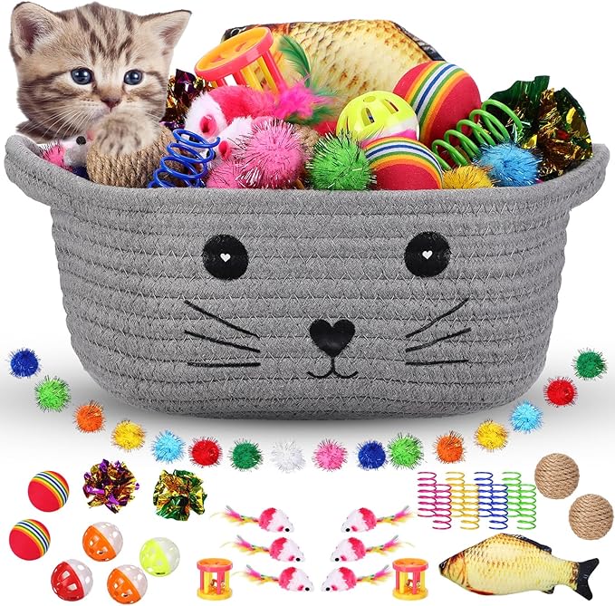 Zopeal 58 Pcs Easter Cat Storage Basket Gift Toys Set, Colorful Flashing Balls Pet Bell Crinkle Balls Spring Toys Attract ...