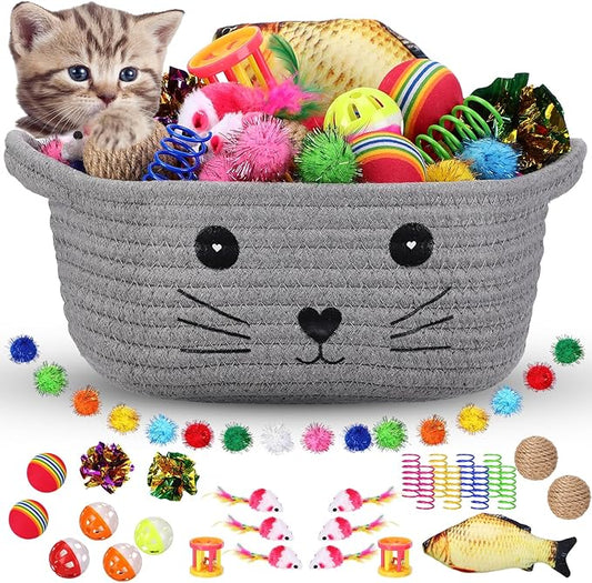 Zopeal 58 Pcs Easter Cat Storage Basket Gift Toys Set, Colorful Flashing Balls Pet Bell Crinkle Balls Spring Toys Attract ...