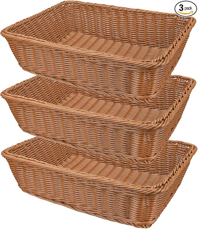 Yarlung 3 Pack Imitation Rattan Woven Bread Baskets, 11.8 x 7.8 Inch Plastic Wicker Fruit Baskets for Food Serving, Vegeta...