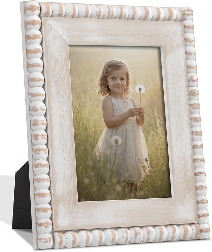 Afuly 5x7 Farmhouse Picture Frame Boho White Beads Photo Frame Wooden Distressed Wall Hanging Desk Standing Decor Artwork ...