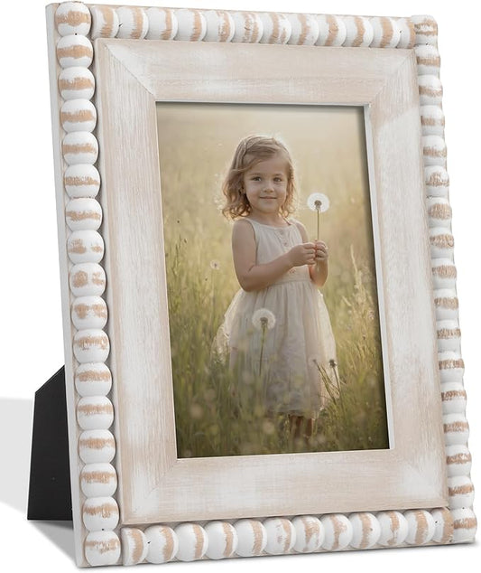 Afuly 5x7 Farmhouse Picture Frame Boho White Beads Photo Frame Wooden Distressed Wall Hanging Desk Standing Decor Artwork ...