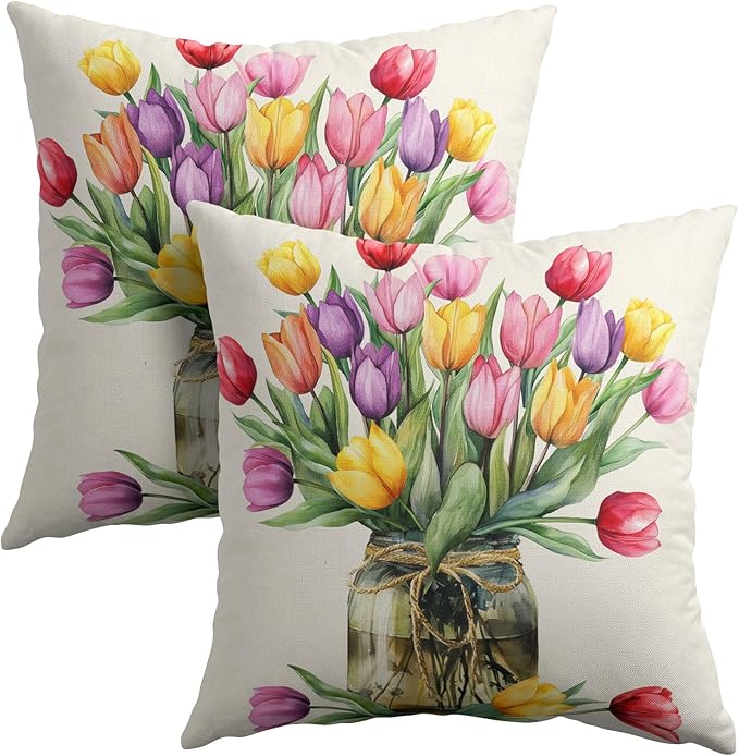 Anyako Spring Summer Colorful Flowers Throw Pillow Covers 18X18 Inches Set of 2 Tulip Floral Mason Jar Pillowcase Soft Cot...