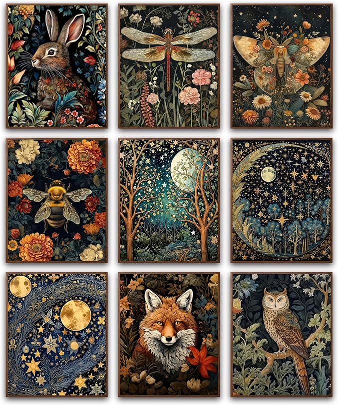 Morris Wall Paintings poster Set of 9, Vintage Rabbit Fox Starry Sky Bee Butterfly Dragonfly Poster Prints, Botanical Natu...