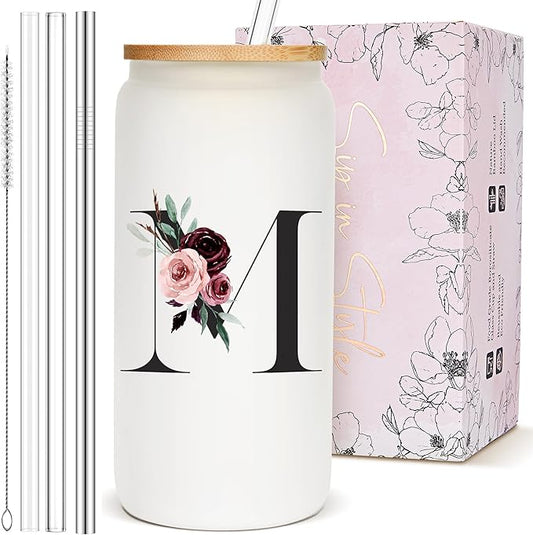 Birthday Gifts for Women, Personalized Customized Cute Glass Cups with Lids and Straws, Initial Drinking Iced Coffee Cup, ...