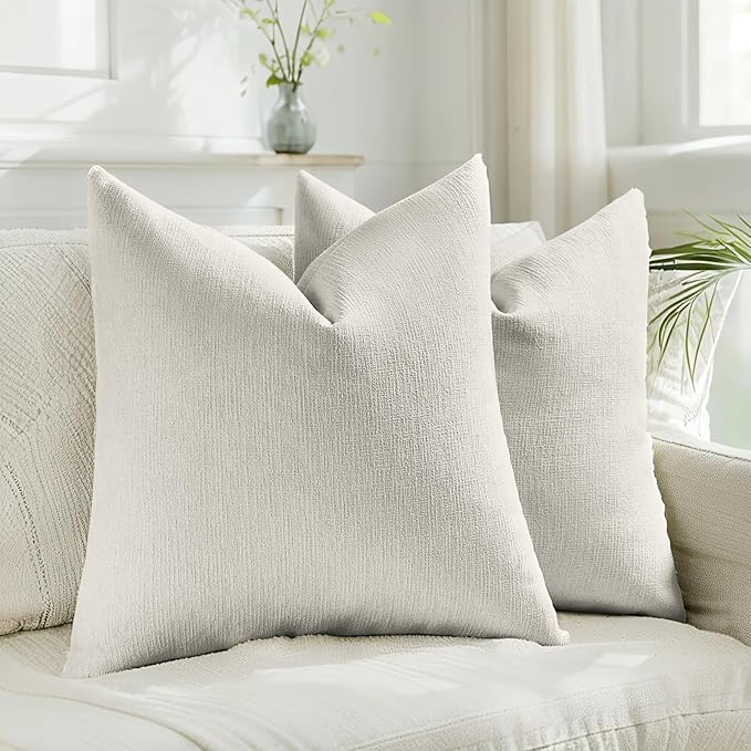 HAUSSY Natural White Wood Throw Pillow Covers 18x18 Inch Set of 2,Boho Decorative Faux Linen Throw Pillows Cozy Farmhouse ...
