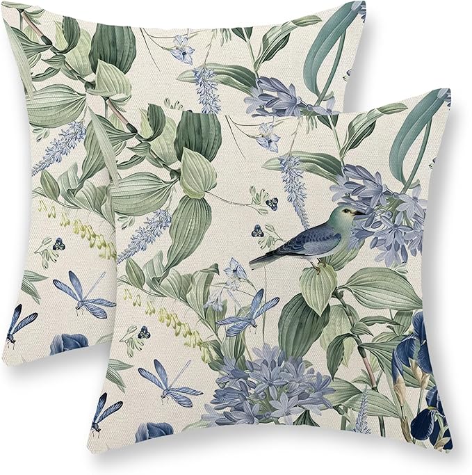 JEFERSO Chinoiserie Pillow Covers 18x18 Set of 2 Blue Green Floral Bird Pillow Cases Vintage Flower Seasonal Outdoor Throw...