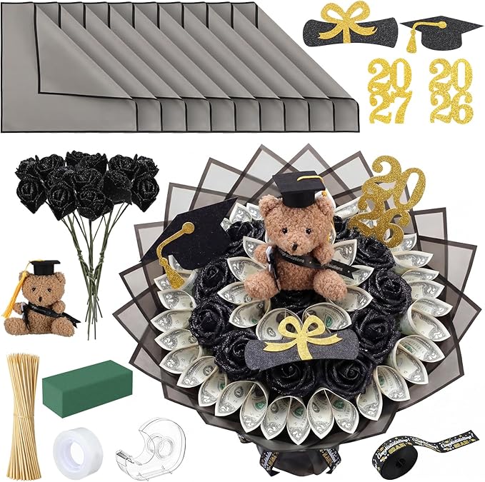 Chunful 143 Pcs Graduation Money Bouquet Kit DIY Flower Bouquet Gifts with Cute Bear Wrapping Paper Graduation Cap Class o...