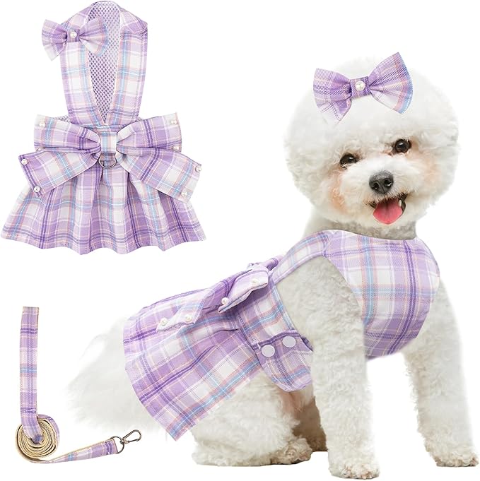 Plaid Dog Dresses for Small Dogs Girl Bowknot Harness Leash Set, Cute Small Dog Dress Harness Dogs Cat Clothes Female with...