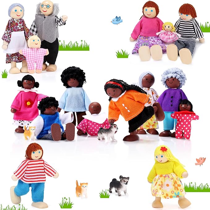 Skylety 20 Pcs Wooden Dollhouse Family Set of 16 Mini People Figures and 4 Pets, Wooden Dollhouse Dolls Cosplay Family Fig...