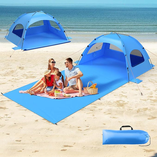 Beach Tent Sun Shelter with Extended Sand Mat 114×82inch，UPF 50+ Protection, 3 Double-Layer Windows for Enhanced Privacy; ...