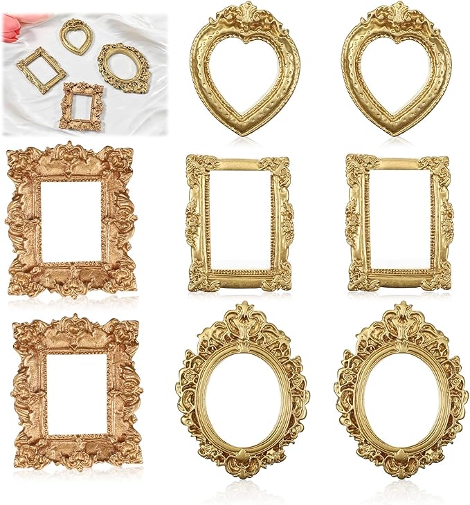 HJZHII 8 Pcs Vintage Resin Picture Frames, Gold Antique Photo Frame Mini Picture Frames Small Antique Ornament TableTop Sm...