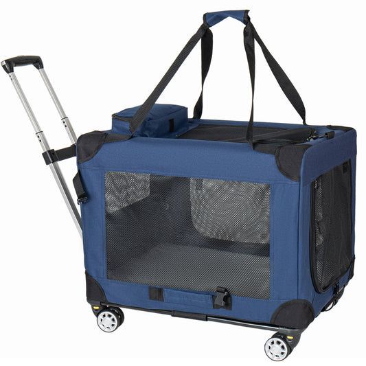 2 In 1, 28   Collapsible Travel Dog Crate For Medium Large Dogs, Rolling Pet Carrier With Wheels, 3-Door Portable Folding Pet Kennel With Mesh Windows, Indoor Outdoor Travel Use, Dark Blue