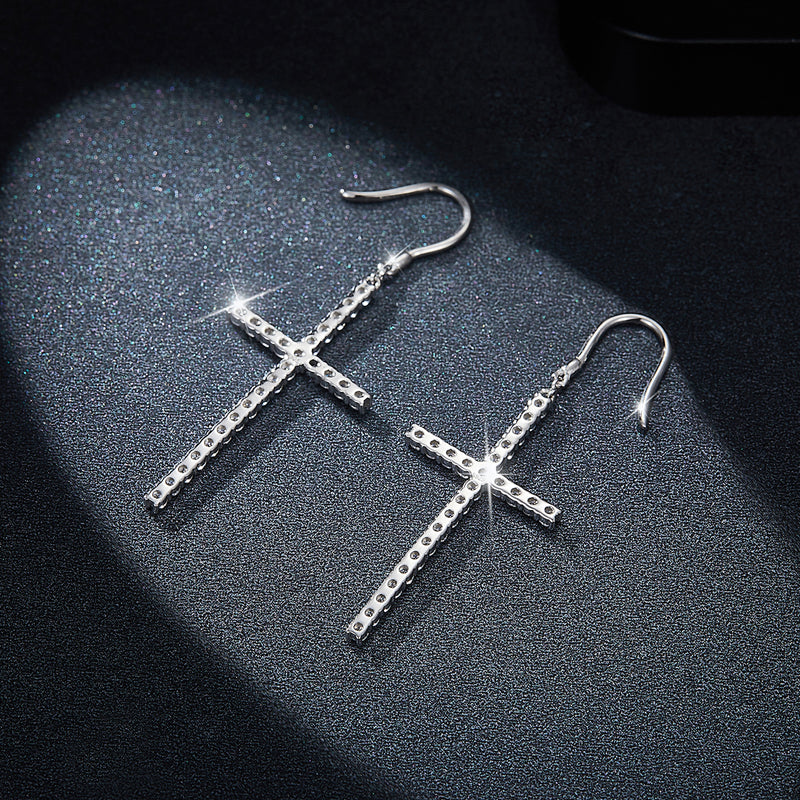 S925 Sterling Silver Moissanite Cross Dangle Earrings  Pave Hook Drop With GRA Certificate Platinum Plated Christian Jewelry Gift Box Set For Women