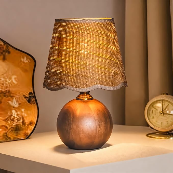 URLIGHTS 11.4" Modern Wooden Bedside Table Lamp, Small Nightstand Desk Lamp with Fabric Shade, Warm Ambient Light, Dimmabl...