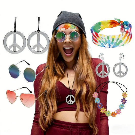 Hippie Costume Accessories Silver Set, Sparkling Retro Jewelry, Colorful '60s Party Accessories For Theme Parties—Party Accessory Set