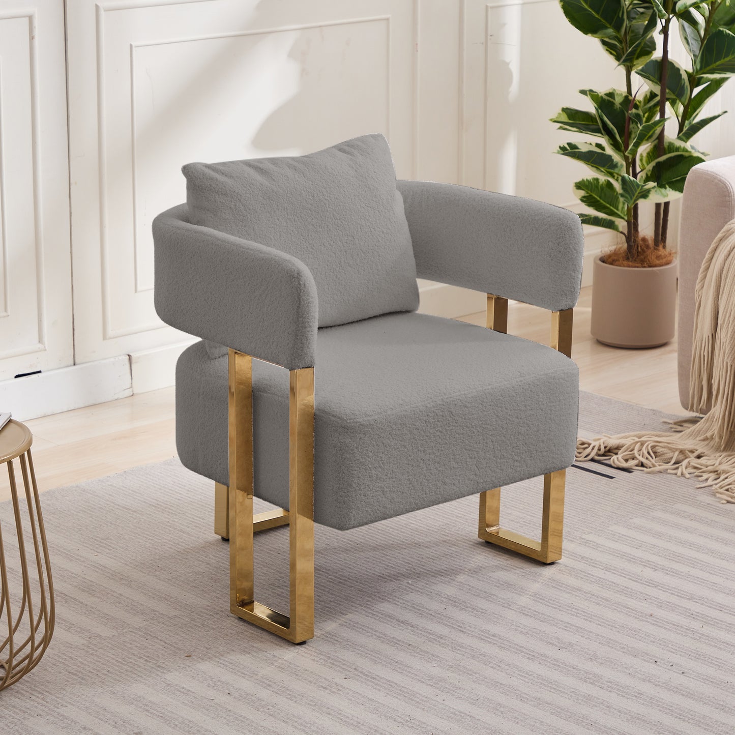 TS Modern Decorative Chair, Living Room Side Chair With Gold Metal Legs, No Wheels, Suitable For Dressing Area, Reception Room, Office,Teddy Fleece Upholstered Metal Foot Sofas 2PCS Grey