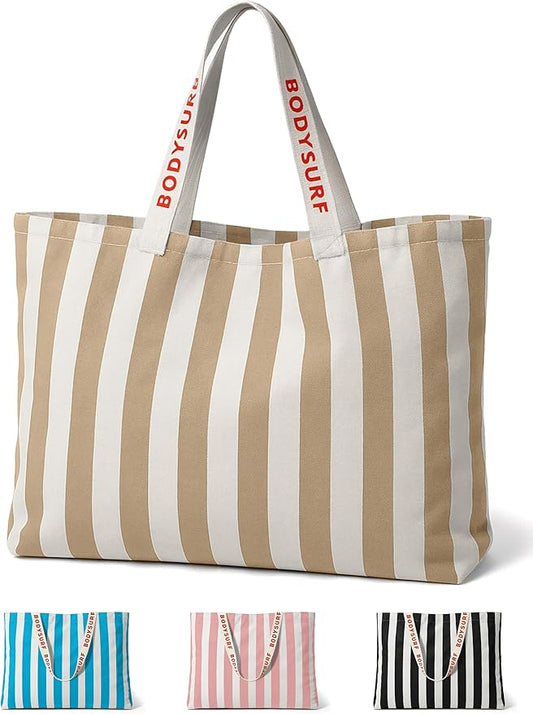 Bodysurf Canvas Tote Bag, Striped Heavy-Duty Beach & Pool Tote for Women with Zippered Pocket, Lightweight Boat Bag Carrya...
