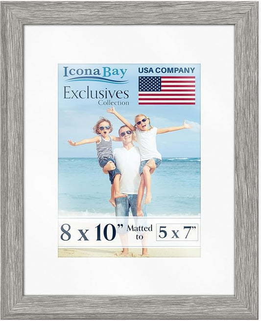 Icona Bay - 8x10 Alder Gray Picture Frame with Mat - Sturdy Wood Composite Photo Frame with Removable 5 x 7 Mat - Sleek De...