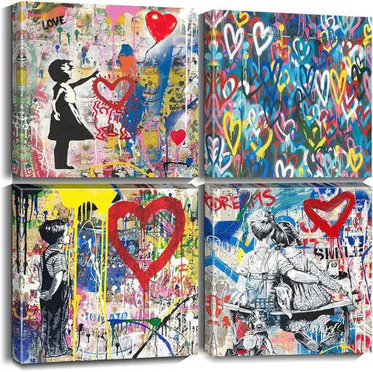Biufo Banksy Canvas Wall Art Prints Pop Graffiti Street Art Pictures for Bedroom Living Room Wall Decor (12"x12"x4Pcs)