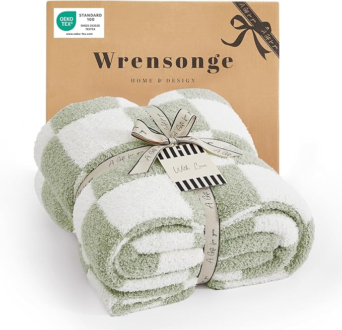 WRENSONGE Checkered Throw Blanket, Sage Green Soft Cozy Fluffy Hand Made Throw Blankets for Couch, Sofa, Chair, Bed, Campi...