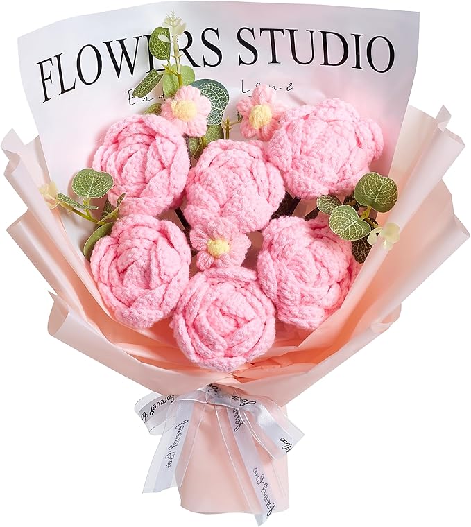 SITUMEIZI Handmade Crochet Flower Bouquet - 6 Pcs Pink Roses Knitted Bouquet Cotton Thread, Gifts for Women, Mom, Wife, Te...