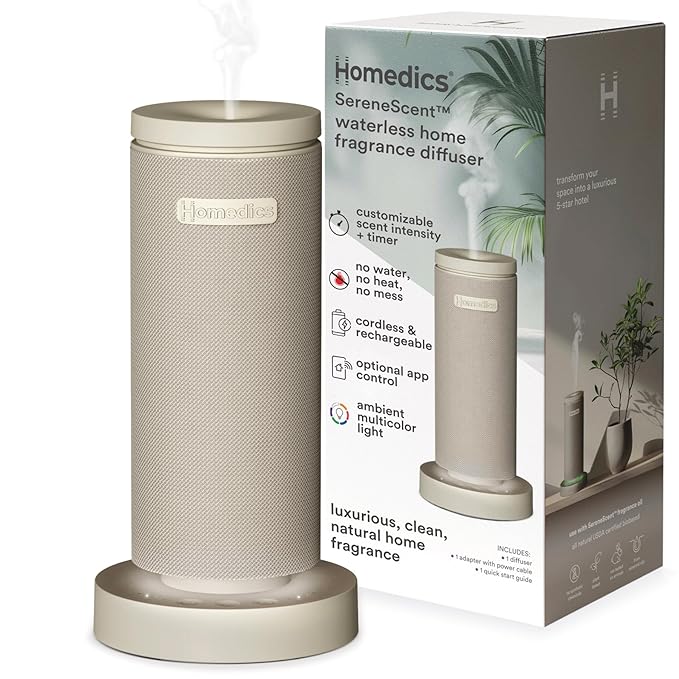 Homedics SereneScent Mini Fabric Rechargeable Waterless Diffuser, Cordless Aromatherapy Device, Use with SereneScent Oil 1...