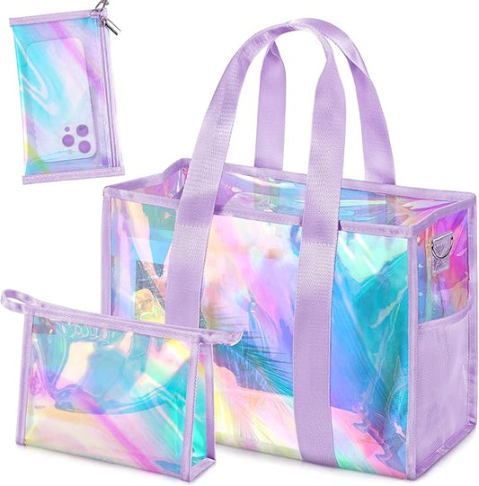 ComfyKit Iridescent Beach Bag for Women,PVC Pool Bag with Cosmetic Pouch&Phone Pouch,Summer Beach Tote for Travel & Vacation