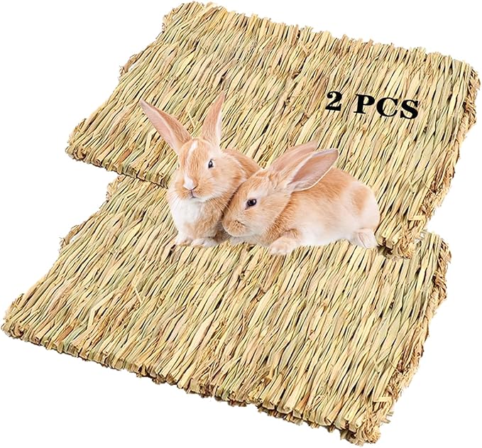 PINVNBY Natural Grass Mat for Rabbits,2 Pack Rabbit Hay Mats,100% Handwoven Hay Chewable Bedding & Cooling Mat for Bunny G...