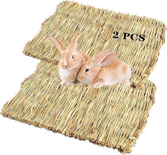 PINVNBY Natural Grass Mat for Rabbits,2 Pack Rabbit Hay Mats,100% Handwoven Hay Chewable Bedding & Cooling Mat for Bunny G...