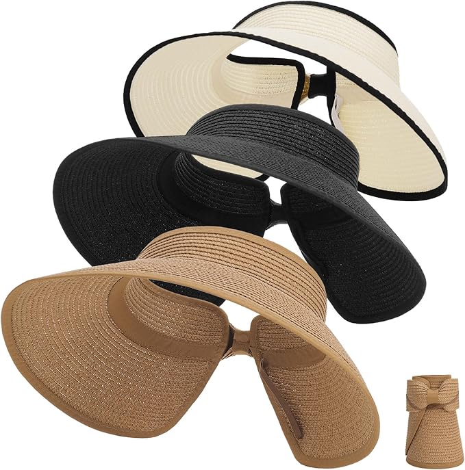 Zhamate 3 Pack Foldable Sun Visor Hats for Women Wide Brim Pontytail Straw Beach Hat for Summer