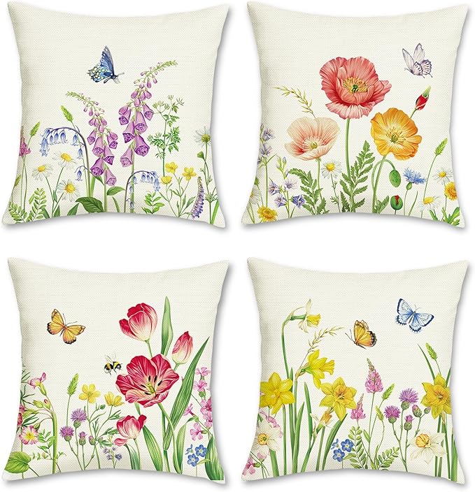 Bonhause Spring Floral Throw Pillow Covers 18x18 Set of 4 Garden Flower Butterfly Outdoor Decorative Pillows Case Polyeste...