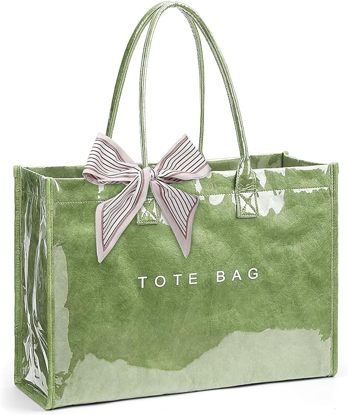 Lushandy PVC Tote Bag for Women, Large Plastic Tote Purse Work Kraft Paper Letter Print Shoulder Bag Carry All Hobo Handbag