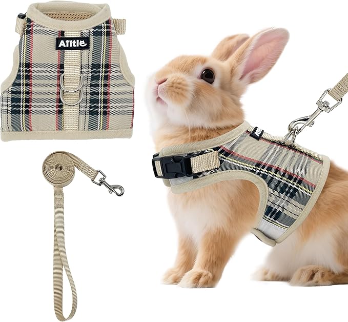 AIITLE Bunny Harness and Leash Set Escape Proof - Magic Tape Design, Lightweight Plaid Pattern Mesh Padding, No Pull No Ch...