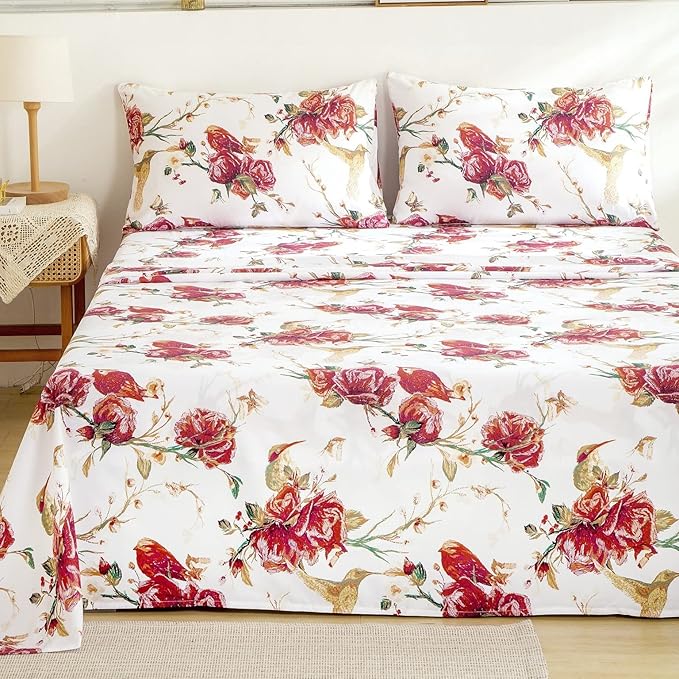 Tache Floral Hummingbirds Burgundy Ivory Antique Vintage Farmhouse Spring Country Rustic Microfiber Rose Garden Sheet Set ...