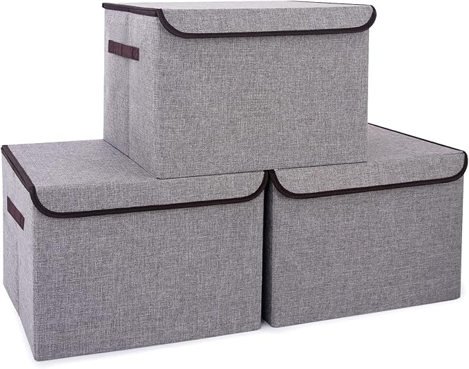 Bagnizer Large 17" 42 Quarts Collapsible Stackable Storage Bins with Lids [3-Pack] Foldable Fabric Linen Storage Boxes Cub...